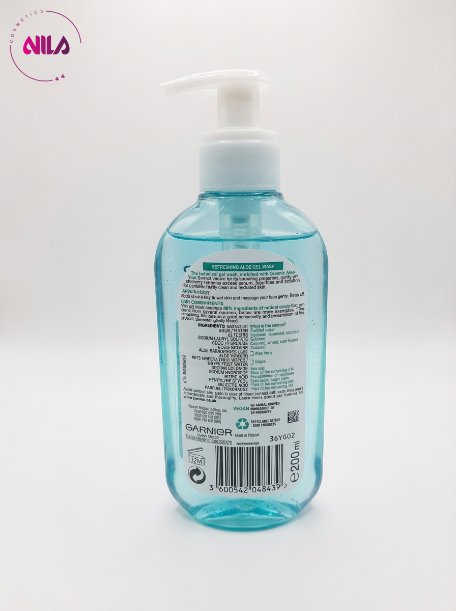 ژل شستشوی صورت گارنیر مدل آبرسان با عصاره آلوئه ورا و هیالورونیک اسید حجم 200 میلی لیتر